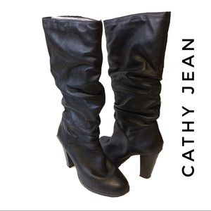 Cathy Jean Leather Mid-Calf Slouchy Boots Black 7
